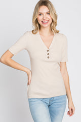 Taupe Ribbed Button Front Top