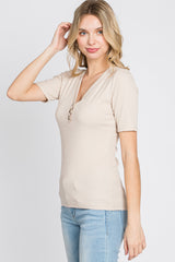 Taupe Ribbed Button Front Top