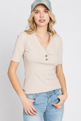 Taupe Ribbed Button Front Top