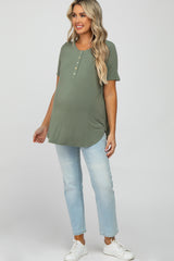 Light Olive Button Up Short Sleeve Maternity Top