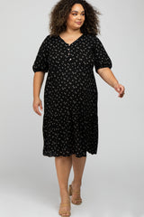 Black Floral Button Front Maternity Midi Dress