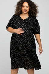 Black Floral Button Front Maternity Midi Dress