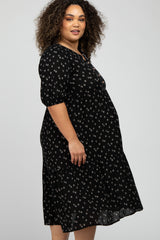 Black Floral Button Front Maternity Midi Dress