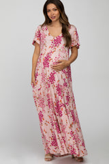 Pink Floral Tiered Maternity Maxi Dress