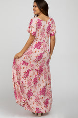 Pink Floral Tiered Maternity Maxi Dress