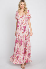 Pink Floral Tiered Maternity Maxi Dress