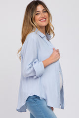 Light Blue Gauze Button Up Collared Maternity Top