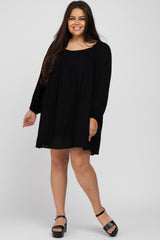 Black Textured Dot Square Neck Plus Dress