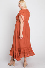 Rust Drawstring Sleeve Ruffle Hem Plus Maxi Dress