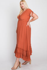 Rust Drawstring Sleeve Ruffle Hem Plus Maxi Dress