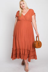 Rust Drawstring Sleeve Ruffle Hem Maternity Plus Maxi Dress