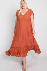 Rust Drawstring Sleeve Ruffle Hem Plus Maxi Dress