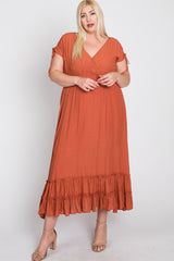 Rust Drawstring Sleeve Ruffle Hem Plus Maxi Dress