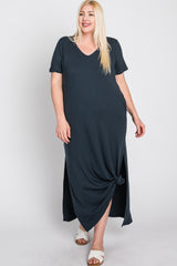 Charcoal Side Slit Maternity Plus Midi Dress