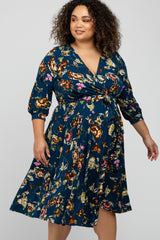 Navy Blue Floral Wrap Front Waist Tie Maternity Plus Midi Dress