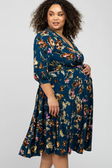 Navy Blue Floral Wrap Front Waist Tie Maternity Plus Midi Dress