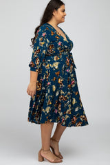 Navy Blue Floral Wrap Front Waist Tie Plus Midi Dress