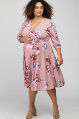 Light Pink Floral Wrap Front Waist Tie Maternity Plus Midi Dress