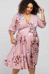 Light Pink Floral Wrap Front Waist Tie Maternity Plus Midi Dress