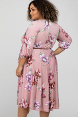 Light Pink Floral Wrap Front Waist Tie Maternity Plus Midi Dress