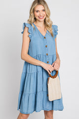 Light Blue Chambray Tiered Button Accent Dress