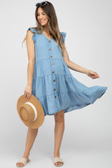 Light Blue Chambray Tiered Button Accent Maternity Dress