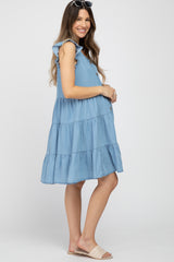 Light Blue Chambray Tiered Button Accent Maternity Dress