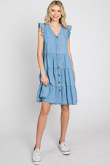 Light Blue Chambray Tiered Button Accent Maternity Dress