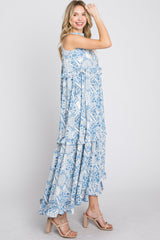 Blue Floral Paisley Print Tiered Maxi Dress