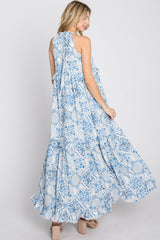 Blue Floral Paisley Print Tiered Maxi Dress