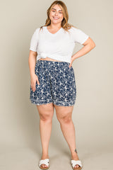 Navy Floral Raw Hem Plus Shorts