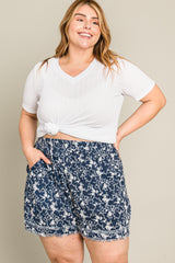 Navy Floral Raw Hem Plus Shorts