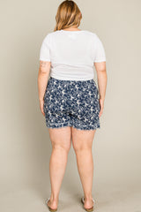 Navy Floral Raw Hem Plus Shorts