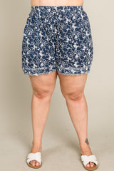 Navy Floral Raw Hem Plus Shorts