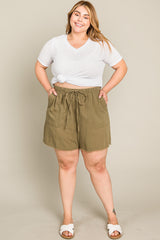 Olive Linen Fringe Hem Drawstring Plus Shorts