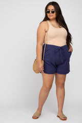 Navy Blue Linen Fringe Hem Drawstring Maternity Plus Shorts