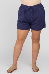 Navy Blue Linen Fringe Hem Drawstring Plus Shorts