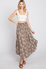 Mocha Floral Round Hem Midi Skirt