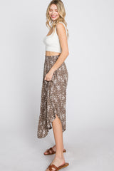 Mocha Floral Round Hem Midi Skirt