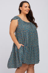 Teal Ditsy Floral Flutter Sleeve Plus Dress