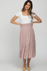 Light Pink Linen Ruffle Hem Side Slit Maternity Midi Skirt