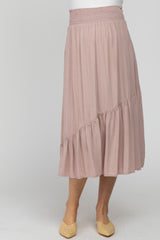 Light Pink Linen Ruffle Hem Side Slit Maternity Midi Skirt