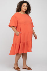 Coral Puff Sleeve Tiered Maternity Plus Dress