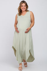 Light Green V-Neck Basic Maternity Plus Maxi Dress