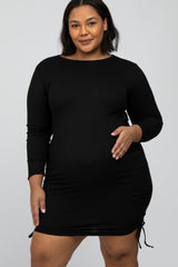 Black Ribbed Ruched Maternity Plus Dress