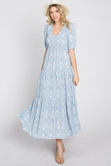 Blue Paisley Print Smocked Tiered Maxi Dress