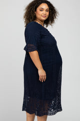 Navy Lace Overlay Midi Maternity Plus Dress