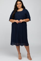 Navy Lace Overlay Midi Plus Dress