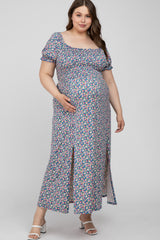 Blue Floral Side Slit Plus Maternity Maxi Dress