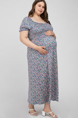 Blue Floral Side Slit Plus Maternity Maxi Dress